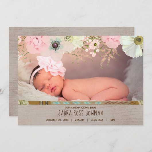 Boho素朴フローラ羽毛誕生のお知らせ 案内状 (正面/裏面)