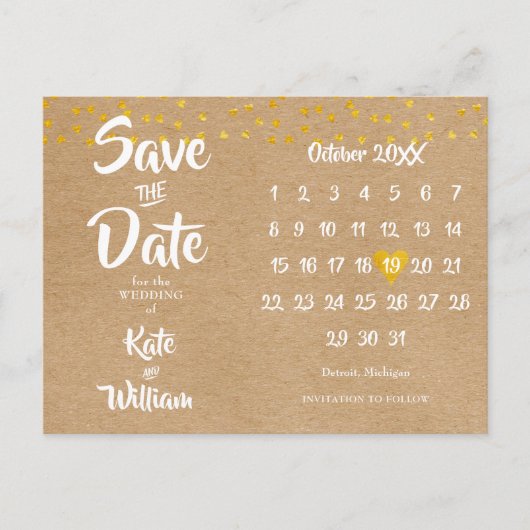 Boho素朴日付カレンダー金ゴールドハートの保存 案内ポストカード (正面)