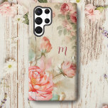 Boho素朴水彩アンティークバラw/Monogram Samsung Galaxy S22 Ultraケース<br><div class="desc">ピンクのバラの開花と芽の豪華なスプレーと繊細な緑の葉の素朴な風化した木の背景に動揺しては、あなたの名前やモノグラムのための文字フィールドを持つ。</div>