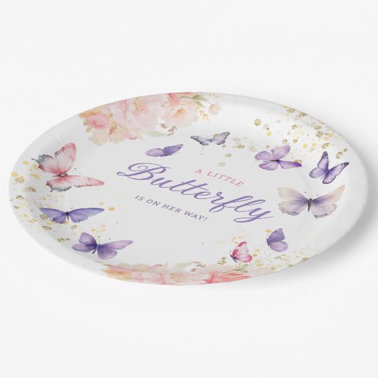 Boho紫色の小さな蝶の女の子の赤ちゃんシャワー ペーパープレート (アングル)