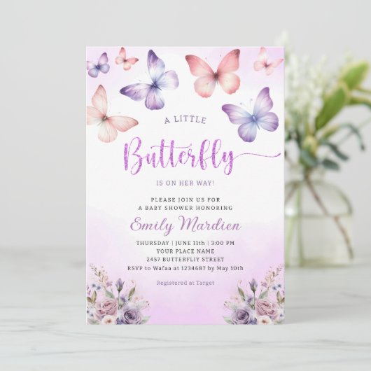 Boho紫色の小さな蝶の女の子の赤ちゃんシャワー 招待状 (スタンド正面)