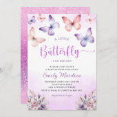 Boho紫色の小さな蝶の女の子の赤ちゃんシャワー 招待状 (正面/裏面)
