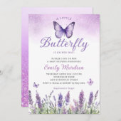 Boho紫色の小さな蝶の女の子の赤ちゃんシャワー 招待状 (正面/裏面)