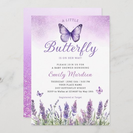 Boho紫色の小さな蝶の女の子の赤ちゃんシャワー 招待状 (正面/裏面)