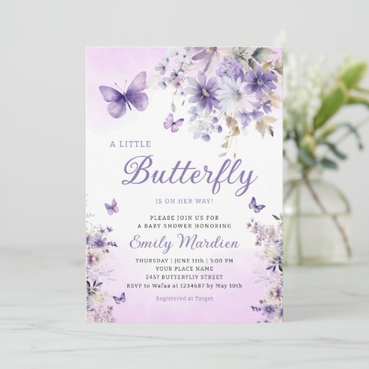 Boho紫色の小さな蝶の女の子の赤ちゃんシャワー 招待状 (スタンド正面)
