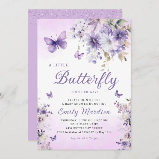 Boho紫色の小さな蝶の女の子の赤ちゃんシャワー 招待状 (正面/裏面)