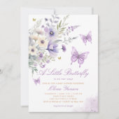 Boho紫色の小さな蝶の女の子の赤ちゃんシャワー 招待状 (正面)