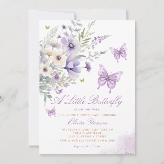 Boho紫色の小さな蝶の女の子の赤ちゃんシャワー 招待状 (正面)