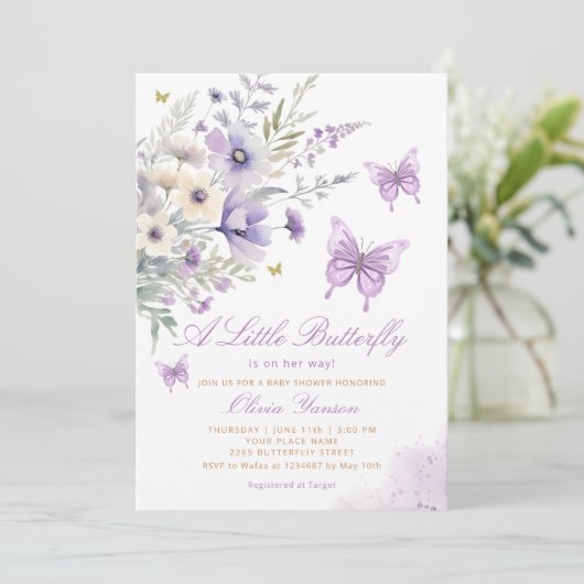Boho紫色の小さな蝶の女の子の赤ちゃんシャワー 招待状 (スタンド正面)