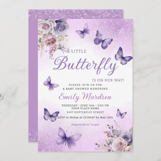 Boho紫色の小さな蝶の女の子の赤ちゃんシャワー 招待状 (正面/裏面)