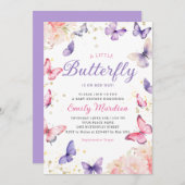 Boho紫色の小さな蝶の女の子の赤ちゃんシャワーI 招待状 (正面/裏面)