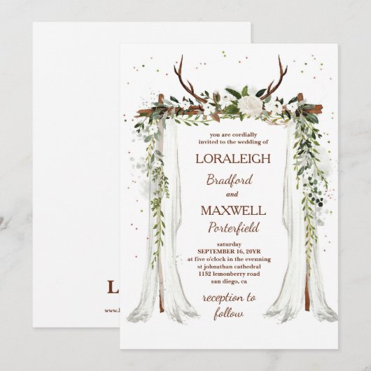 Boho'結婚s Canopy Water Color Greeneryフローラ 招待状 (正面/裏面)