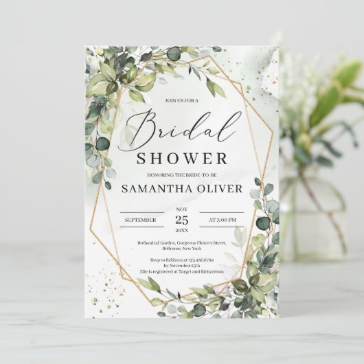 Boho緑の葉の金ゴールドフレームブライダルシャワー 招待状 (スタンド正面)