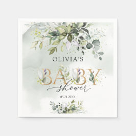 Boho緑の葉の金ゴールド文字の赤ちゃんシャワー スタンダードカクテルナプキン