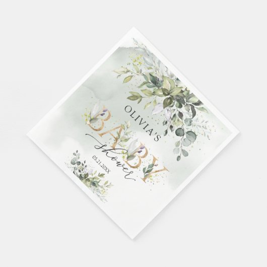 Boho緑の葉の金ゴールド文字の赤ちゃんシャワー スタンダードランチョンナプキン (角)