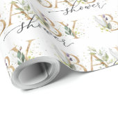 Boho緑の葉の金ゴールド文字ベビーシャワー ラッピングペーパー (ロールコーナー)