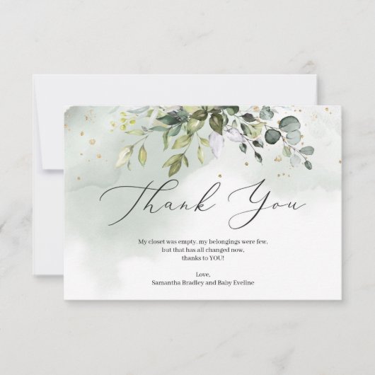 Boho緑の葉ユーカリの赤ちゃんシャワー サンキューカード (正面)