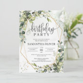 Boho緑葉金ゴールド幾何学誕生日パーティー 招待状 (スタンド正面)