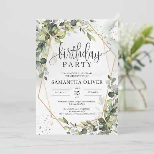 Boho緑葉金ゴールド幾何学誕生日パーティー 招待状 (スタンド正面)