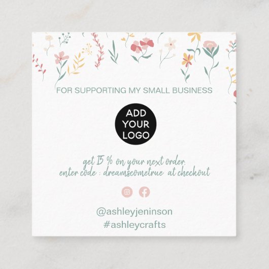 Boho編集可能フローラルパタ感謝していーンの順序 スクエア名刺 (裏面)