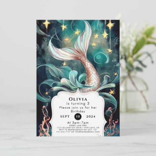 Boho編集可能マーメイド誕生日 招待状 (スタンド正面)