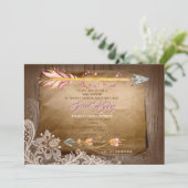 BOHO羽とレース女の子の赤ちゃんシャワー 招待状 (スタンド正面)