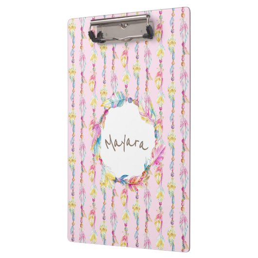 Boho羽毛の水の色のアート名ピンクのクリップボード クリップボード (左)
