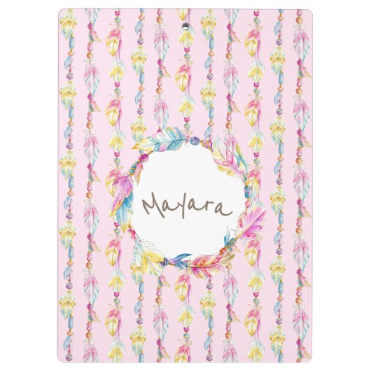 Boho羽毛の水の色のアート名ピンクのクリップボード クリップボード (裏面)