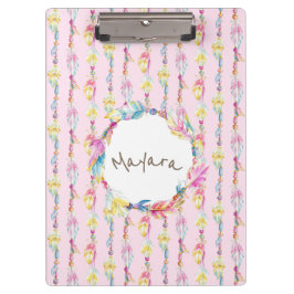 Boho羽毛の水の色のアート名ピンクのクリップボード クリップボード