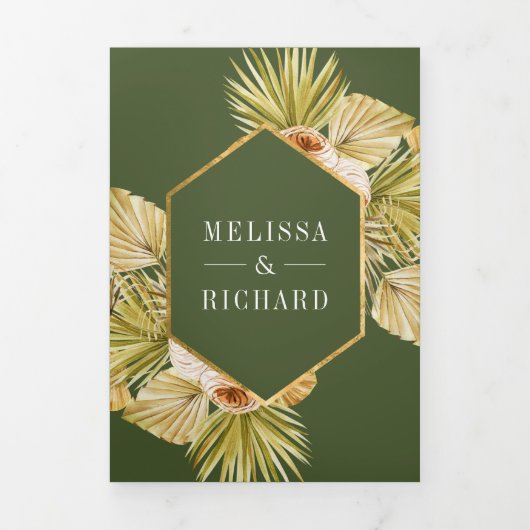 Boho自然フローラオリーブグリーンQRコー結婚ド 三つ折り招待状 (カバー)