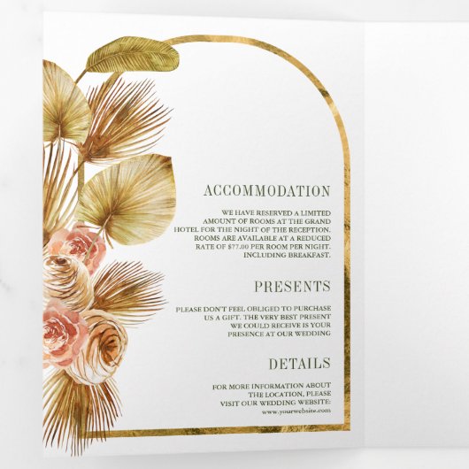 Boho自然フローラオリーブグリーンQRコー結婚ド 三つ折り招待状 (内部最初)