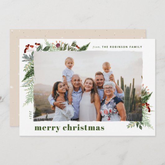 Boho自然 Greeneryドライブラシのクリスマスフォト シーズンカード (正面/裏面)