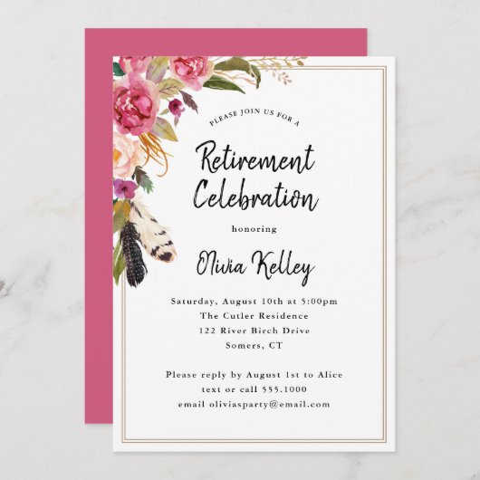Boho花と羽の素朴引退パーティー 招待状 (正面/裏面)