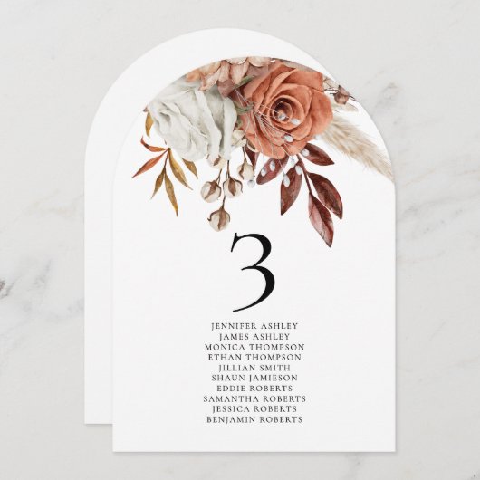 Boho花模様のゲスト名結婚QRのテーブル番号 招待状 (正面/裏面)