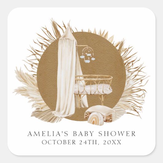 Boho花模様ベビーシャワー スクエアシール (正面)