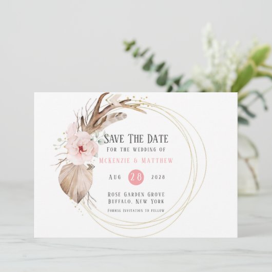 Boho花模様&鹿〔雄ジカの〕枝角日付カードを保存 招待状 (スタンド正面)