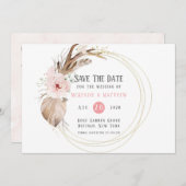 Boho花模様&鹿〔雄ジカの〕枝角日付カードを保存 招待状 (正面/裏面)