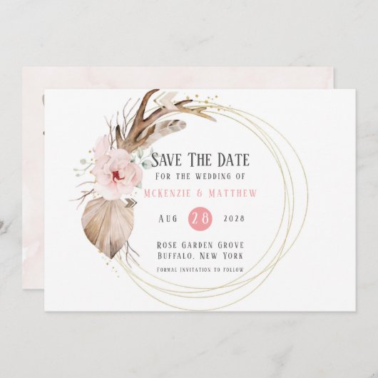 Boho花模様&鹿〔雄ジカの〕枝角日付カードを保存 招待状 (正面/裏面)