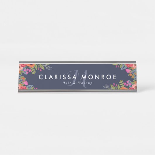 Boho花 – ネイビーブルー – モノグラム デスクネームプレート (正面)