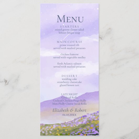 Boho薄紫ナイトマウンテンランドスケープ結婚のメニュー メニュー (正面)
