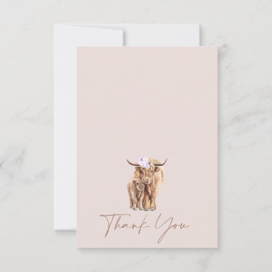 Boho薄紫フローラアーチハイランドカウベイビーシャワー サンキューカード (裏面)