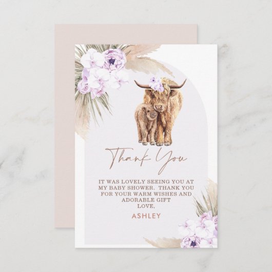 Boho薄紫フローラアーチハイランドカウベイビーシャワー サンキューカード (正面/裏面)