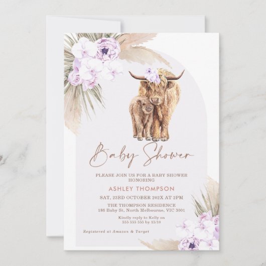 Boho薄紫フローラアーチハイランドカウベイビーシャワー 招待状 (正面)