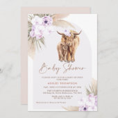 Boho薄紫フローラアーチハイランドカウベイビーシャワー 招待状 (正面/裏面)