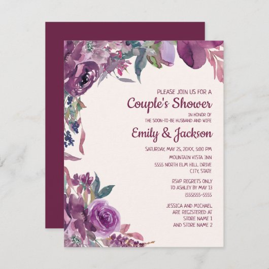 Boho薄紫プラムパープルフローラカップル結婚ズ 招待状 (正面/裏面)