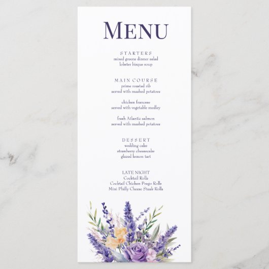 Boho薄紫水彩ワイルドフラワー結婚のメニューカード メニュー (正面)