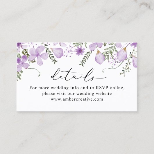 Boho薄紫結婚のWebサイト詳細エンクロージャカード 名刺 (正面)