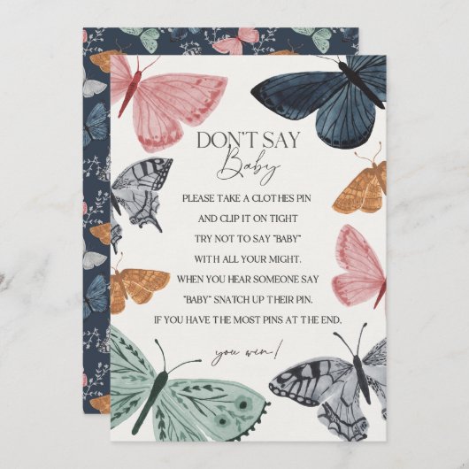 Boho蝶の赤ちゃんシャワー言わないベビーゲーム 招待状 (正面/裏面)