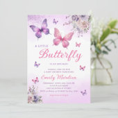 Boho蝶ガールベビーシャワーパープルフローラピンク 招待状 (スタンド正面)