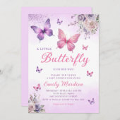 Boho蝶ガールベビーシャワーパープルフローラピンク 招待状 (正面/裏面)